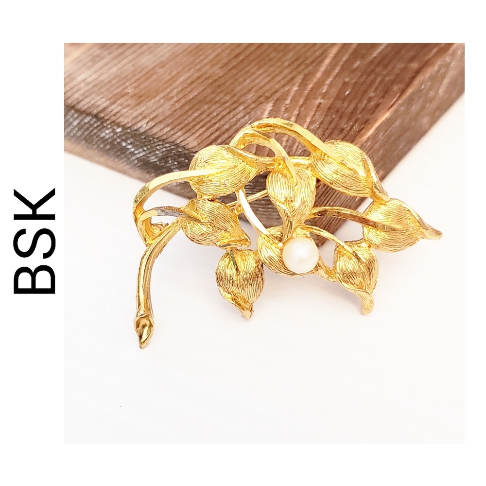 BSK Goldtone and Faux Pearl Leaf Branch